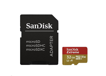 SanDisk MicroSDHC karta 32GB Extreme (100MB/s, Class 10 UHS-I V30, pro akční kamery) + adaptér SanDisk MicroSDHC karta 32GB Extreme (100MB/s, Class 10 UHS-I V30, pro akční kamery) + adaptér