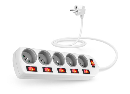 CONNECT IT prodlužovací kabel 230V, 5 zásuvek, 2m, s vypínači, bílá