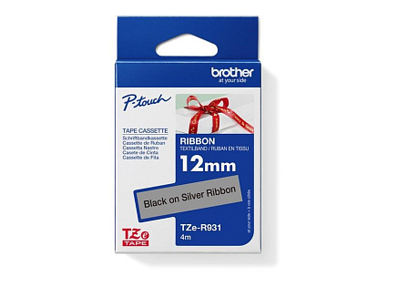 BROTHER TZE-R931 - kazeta TZ šířky 12mm, TEXTILNÍ páska 4m- pro tvorbu dárků - NELEPÍCÍ - STŘÍBRNÁ PÁSKA, ČERNÝ POTISK