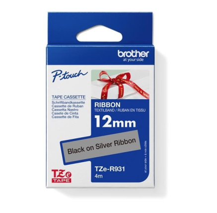 BROTHER TZE-R931 - kazeta TZ šířky 12mm, TEXTILNÍ páska 4m- pro tvorbu dárků - NELEPÍCÍ - STŘÍBRNÁ PÁSKA, ČERNÝ POTISK BROTHER TZE-R931 - kazeta TZ šířky 12mm, TEXTILNÍ páska 4m- pro tvorbu dárků - NELEPÍCÍ - STŘÍBRNÁ PÁSKA, ČERNÝ POTISK