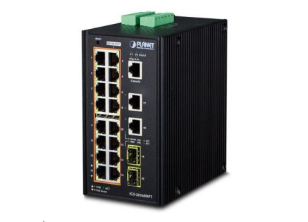 Planet IGS-20160HPT, 18x 1000BASE-T, 16x PoE 320W, 2x SFP, DIN, IP30, -40 AŽ 75°C, WEB/SNMPV3
