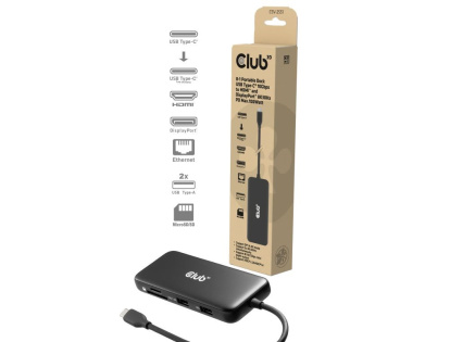 Club3D Dokovací stanice USB-C 8v1, 1xHDMI, 1xDP, 1xUSB-C, 2xUSB, 1xRJ45, černá