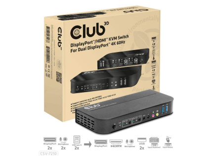 Club3D síťový přepínač - Switch, DP/HDMI KVM Switch - Dual DP 4K 60Hz