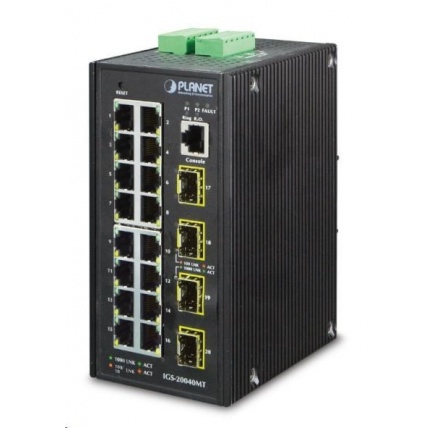 Planet IGS-20040MT, 16X 1000BASE-T, 4X SFP, DIN, IP30, -40 AŽ 75°C, WEB/SNMPV3, VLAN, IGMPV3, ESD+EFT, IPV6 Planet IGS-20040MT, 16X 1000BASE-T, 4X SFP, DIN, IP30, -40 AŽ 75°C, WEB/SNMPV3, VLAN, IGMPV3, ESD+EFT, IPV6