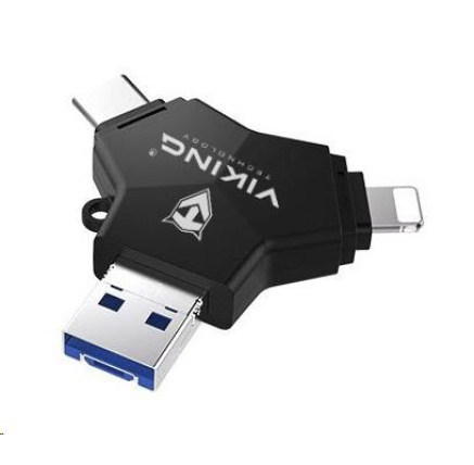 Viking USB Flash disk 3.0 4v1 s koncovkou Lightning/Micro USB/USB/USB-C, 64 GB, černá