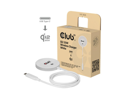 Club3D Bezdrátová nabíječka, 1x Qi2 25W, MagSafe, Qi certifikováno, bílá
