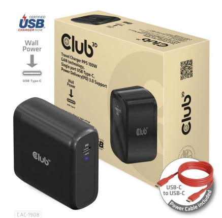 Club3D cestovní nabíječka 100W GAN technologie, USB-IF TID certified, USB Type-C, Power Delivery(PD) 3.0 Support Club3D cestovní nabíječka 100W GAN technologie, USB-IF TID certified, USB Type-C, Power Delivery(PD) 3.0 Support