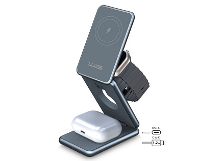 WG - Bezdrátová nabíječka WG39, 3v1, 15W+5W+3W, šedá