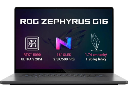 ASUS NTB ROG Zephyrus G16 (GU605CX-QR149), Ultra 9 285H, 16" 2560x1600, 64GB, 1TB SSD, Arc+RTX 5090, No OS, Eclipse Gray ASUS NTB ROG Zephyrus G16 (GU605CX-QR149), Ultra 9 285H, 16" 2560x1600, 64GB, 1TB SSD, Arc+RTX 5090, No OS, Eclipse Gray
