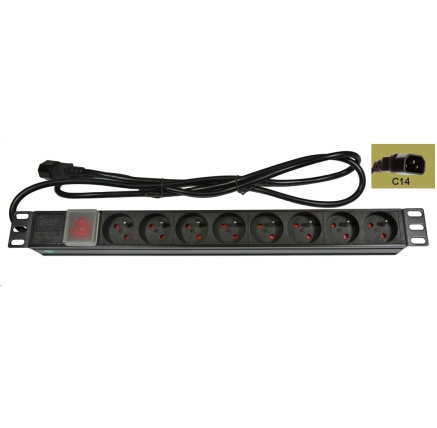 19" rozvodný panel LEXI-Net 8x230V, ČSN, vypínač, indikátor napětí, kabel 1,8m, 1U, přívodní kabel pro UPS (IEC320 C14)