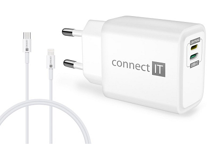 CONNECT IT Duplex nabíjecí adaptér 1xLightning, 1×USB-C, 20W, 1xLightning - USB-C kabel, bílá