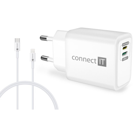 CONNECT IT Duplex nabíjecí adaptér 1xLightning, 1×USB-C, 20W, 1xLightning - USB-C kabel, bílá CONNECT IT Duplex nabíjecí adaptér 1xLightning, 1×USB-C, 20W, 1xLightning - USB-C kabel, bílá
