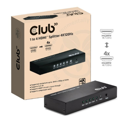 Club3D Video rozbočovač 1:4 HDMI 2.0 4K120Hz, 4 porty, černá Club3D Video rozbočovač 1:4 HDMI 2.0 4K120Hz, 4 porty, černá