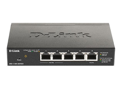 D-Link DGS-1100-05PDV2 5-Port Gigabit PoE Smart Switch, bez zdroje - napájen přes PoE, 2 PoE porty