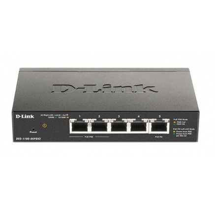 D-Link DGS-1100-05PDV2 5-Port Gigabit PoE Smart Switch, bez zdroje - napájen přes PoE, 2 PoE porty
