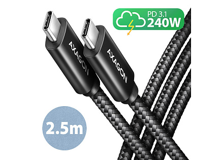 AXAGON BUCM2-CM25AB, CHARGE kabel USB-C  USB-C, 2.5m, Hi-Speed USB, PD 240W 5A, ALU, oplet, černý