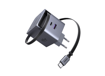 UGREEN síťová rychlonabíječka se zatahovacím kabelem 65W 3-Port, 2x USB-C, 1x USB-A, GaN, stříbrná
