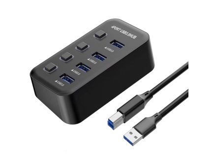 PREMIUMCORD Hub USB 3.2, 4-portový s vypínači portů, 5G SuperSpeed, Černá
