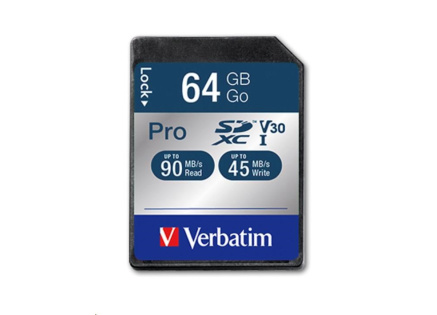 VERBATIM SDXC karta 64GB Pro, U3, V30 (R:90/W:45 MB/s)
