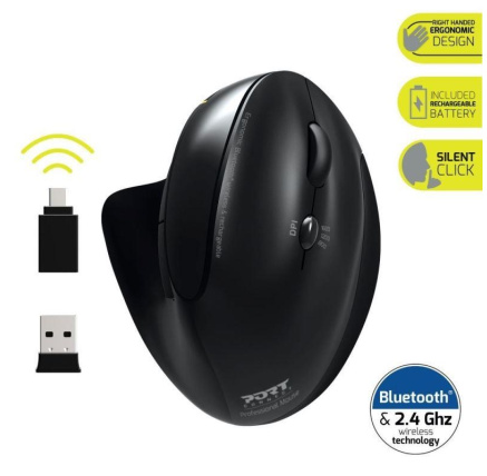 PORT vertikální bezdrátová ergonomická myš, BT, 2,4 GHz, USB-A/C, pro praváky, černá
