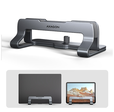 AXAGON STND-VG, vertikální hliníkový stojan pro notebooky 10"-17.3, nastavitelný rozestup, šedý