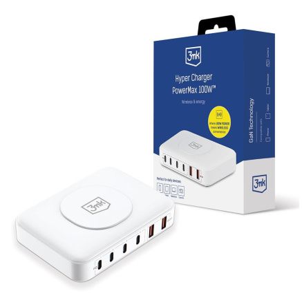 3mk síťová nabíječka - Hyper Charger PowerMax 100W, GaN 4x USB-C (PD) / 2x USB, bílá
