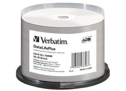 VERBATIM CD-R(50-pack) spindl, AZO 52X,700MB,WHITE WIDE THERMAL PRINTABLE SURFACE NON-ID
