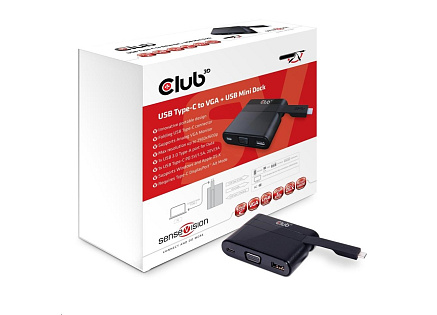 Club3D Dokovací stanice USB-C 3v1, 1xVGA, 1xUSB-C, 1xUSB, černá