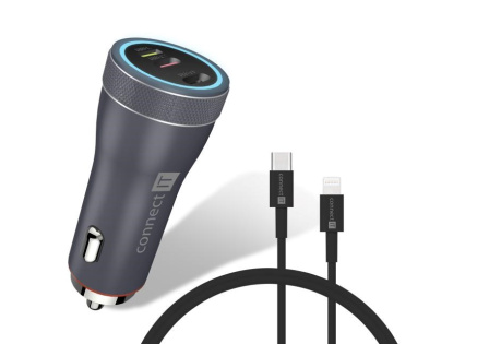 CONNECT IT InCarz Duplex nabíječka do auta, 1x USB-C, 1x Lightning, šedá