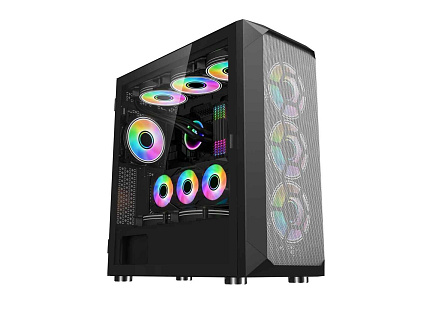 1stCOOL skříň Wind Storm Black MiddleTower ARGB, AU, USB3.0, bez zdroje, RGB fan, průhledná bočnice, černá