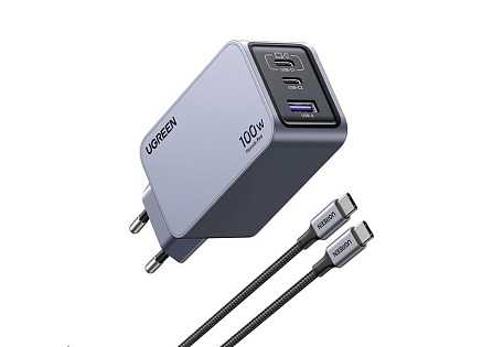 UGREEN síťová rychlonabíječka Nexode Pro 100W 3-Port, 2x USB-C, 1x USB-A, GaN, stříbrná
