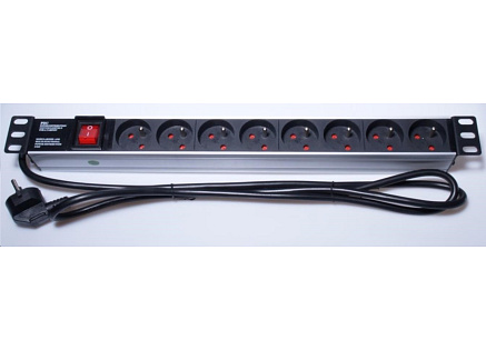 PremiumCord Panel napájecí 1U do 19" racku, 8x230V, 2m kabel, vypínač