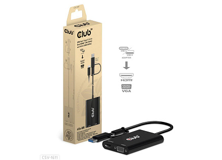Club3D adaptér USB Gen1 Type-C/-A to Dual HDMI (4K/30Hz) / VGA (1080/60Hz)