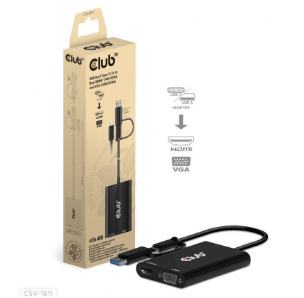Club3D adaptér USB Gen1 Type-C/-A to Dual HDMI (4K/30Hz) / VGA (1080/60Hz) Club3D adaptér USB Gen1 Type-C/-A to Dual HDMI (4K/30Hz) / VGA (1080/60Hz)