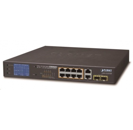 Planet GSD-1222VHP Switch, 8x PoE + 2x 1000Base-T + 2x SFP, LCD,VLAN, extend mód 10Mb do 250m, IEEE 802.3at 120W Planet GSD-1222VHP Switch, 8x PoE + 2x 1000Base-T + 2x SFP, LCD,VLAN, extend mód 10Mb do 250m, IEEE 802.3at 120W
