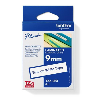 BROTHER TZE223 - kazeta TZ šířky 9mm, laminovaná TZE-223, bílá/modré písmo BROTHER TZE223 - kazeta TZ šířky 9mm, laminovaná TZE-223, bílá/modré písmo