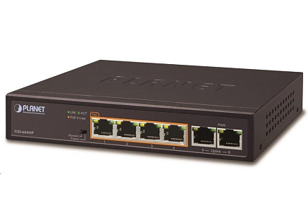 Planet FSD-604HP Switch, 4x PoE 802.3at 60W+ 2x 100Base-TX, VLAN, extend mód 10Mb/s do 250m, fanless, ESD