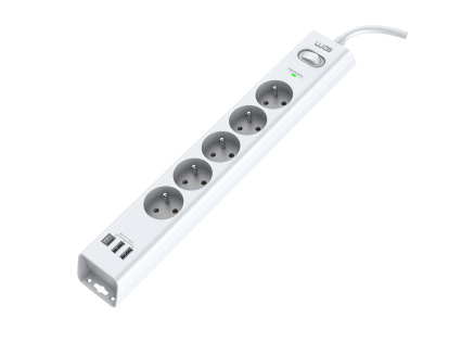 WG - Přepěťová ochrana 5 slotů + 2x USB-A + 1x USB-C, kabel 1,5 metru, bílá
