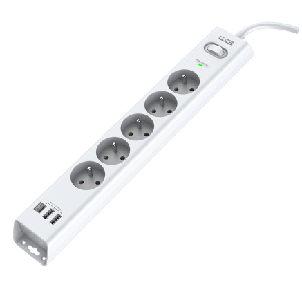 WG - Přepěťová ochrana 5 slotů + 2x USB-A + 1x USB-C, kabel 1,5 metru, bílá