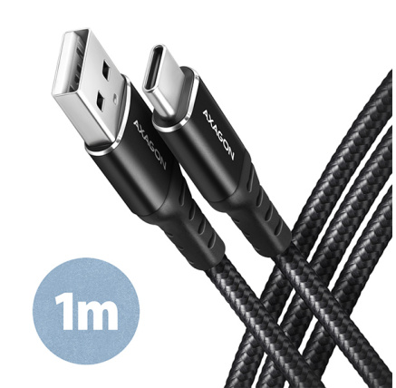 AXAGON BUCM-AM10AB, HQ kabel USB-C <-> USB-A, 1m, USB 2.0, 3A, ALU, oplet, černý