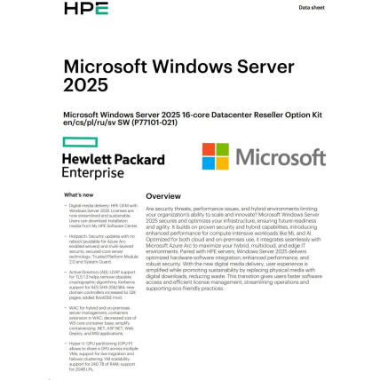 HPE Windows Server 2025 16-core Datacenter Reseller Option Kit (CZ EN Russia Pol Swe)