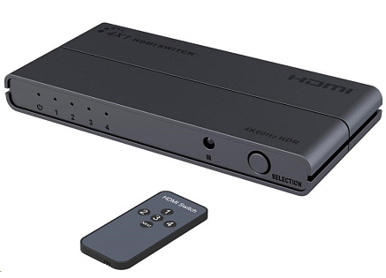PREMIUMCORD HDMI switch 4:1 s podporou rozlišení 4Kx2K@60Hz, 1080P, HDR, s ovládáním tlačítkem a dálkovým ovladačem