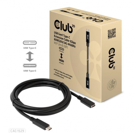 Club3D Prodlužovací kabel USB-C, 5Gbps 60W(20V/3A), 4K 60Hz (M/F), 2m Club3D Prodlužovací kabel USB-C, 5Gbps 60W(20V/3A), 4K 60Hz (M/F), 2m