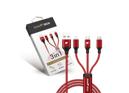 RhinoTech nabíjecí a datový kabel 3v1 USB-A (MicroUSB + Lightning + USB-C) 1,2m červená