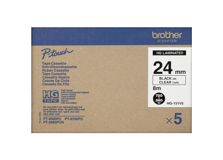 BROTHER HGE-151V5 Labelling Supplies, 24mm Black/Clear (5 pcs Pack) High Grade Tape