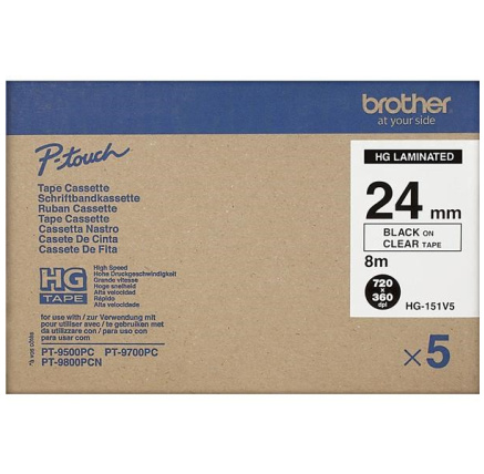 BROTHER HGE-151V5 Labelling Supplies, 24mm Black/Clear (5 pcs Pack) High Grade Tape BROTHER HGE-151V5 Labelling Supplies, 24mm Black/Clear (5 pcs Pack) High Grade Tape
