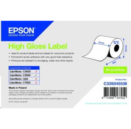 Epson High Gloss Labels, Continuous, Paper, 51mm x 33m Epson High Gloss Labels, Continuous, Paper, 51mm x 33m