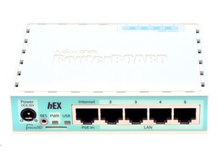 MikroTik RouterBOARD hEX, 880MHz dual-core CPU, 256MB RAM, 5x LAN, USB, microSD slot, vč. L4 licence MikroTik RouterBOARD hEX, 880MHz dual-core CPU, 256MB RAM, 5x LAN, USB, microSD slot, vč. L4 licence