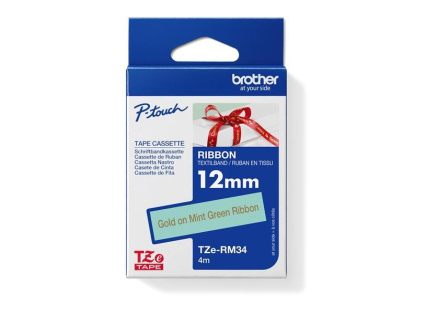BROTHER TZE-RM34 - kazeta TZ šířky 12mm, TEXTILNÍ páska 4m- pro tvorbu dárků - NELEPÍCÍ - MÁTOVÁ PÁSKA ZLATÝ POTISK gold