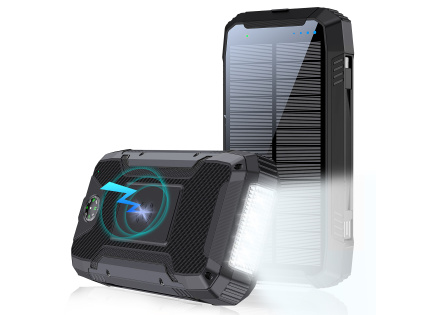 WG - Power Bank 20000 mAh, solarní panel + bezdrátové nabíjení 15W + svítilna + kompas, USB-C PD 20W, černá